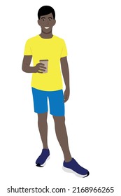 Portrait of a black guy in full growth with a paper glass of coffee in his hand, vector isolated on a white background, coffee to go