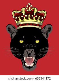 Portrait of a Black jaguar with a golden crown on his head, grinning in fury
