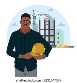 Portrait of a black man architect at a building site looking at camera.