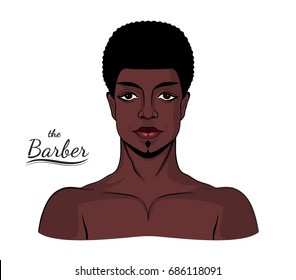 Portrait of black man with curly hair and beard. Avatar of african american. Example hairstyle of barber shop. Face young guy. Vector illustration.