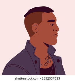 Retrato de homem negro com moicano. Perfil da pessoa da moda com tatuagem, iroquois. Avatar quadrado do rosto masculino vista lateral. Ilustração de vetor isolado plano