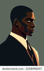 Portrait of a black man in a suit. Vector illustration. flat color cartoon style portrait poster