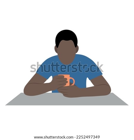 Portrait of a black man at the table with a cup in his hands, flat vector, isolated on white, faceless illustration