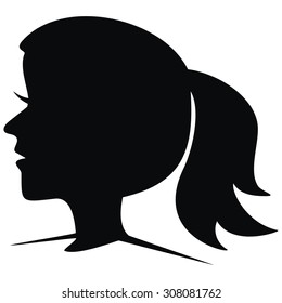 Portrait, Black Silhouette Of Young Girl With Ponytail, Vector Illustration