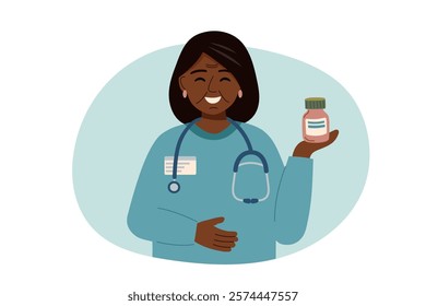 Portrait of black skin doctor woman holding the bottle of pills isolated on white. Concept of medicine, healthcare, clinic, assistance. Vector hand drawn illustration.