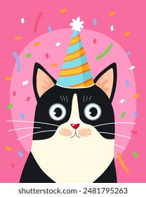 Portrait of a black and white cute big cat in a festive cap. Pink background, multi-colored confetti. Birthday card. Cute cartoon illustration.