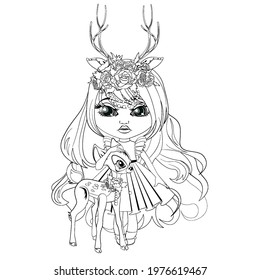 Portrait of a black and white female elf with a wreath and antlers. Image of a child hugging a cute deer. Drawing for coloring books for children