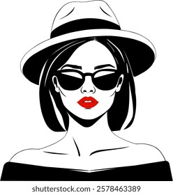 
Portrait, black and white illustration, girl with a hat and red lipstick