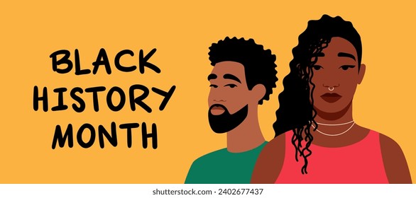 portrait of a black woman. An African-American girl. Black History Month. Cartoon, flat, vector illustration. horizontal banner