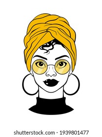 Portrait of a Black woman. Cartoon of an Afro American girl with yellow sunglasses wearing a head wrap and round earrings. Fashion Illustration on white background