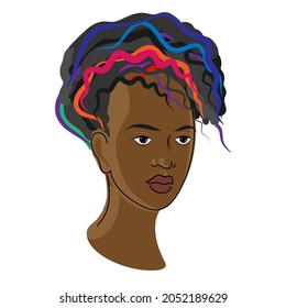 Portrait of a black woman, with colorful curly hair. African American girl face, vector illustration.