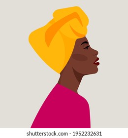 Portrait of black woman in a high african turban. Wrapped yellow Turban on the head. Female portrait, head and shoulders, side view. Modern modern illustration.