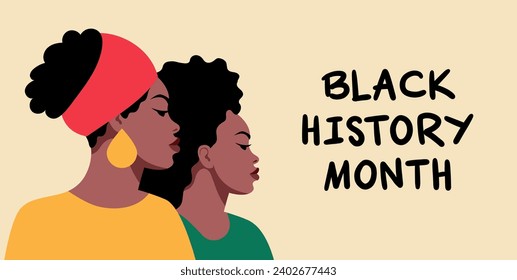 Portrait of black women. African-American girls. Black History Month. Cartoon, flat, vector illustration. horizontal banner