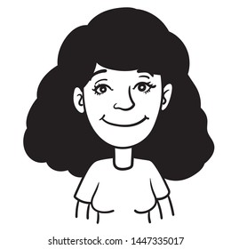 Portrait of a black-haired woman smiling friendly. vector, illustration, comic, line drawing, doodle, ink, outline.