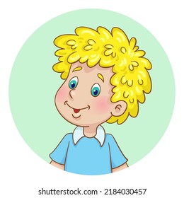 Portrait of a blond boy. Avatar icon in a circle. In cartoon style. Isolated on white background. Vector illustration.