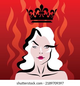 Portrait of a blond haired woman with violet eyes and crown over her head as poster or wallpaper for the prequel Game of thrones - House of the dragon. White haired Targaryen on the backdrop of fire.