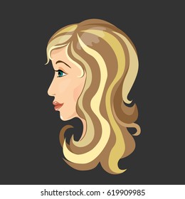 Portrait of a blond long hair girl on a grey background. Vector illustration.