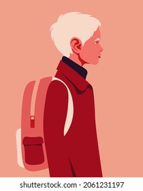 Portrait of a blond schoolboy with a backpack in profile. Successful education. Boy after lessons at school. Side view. Vector flat illustration