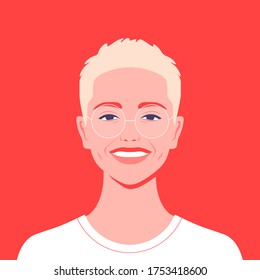Portrait of a blond teenager. Avatar of a happy student of the university. Colorful vector flat illustration