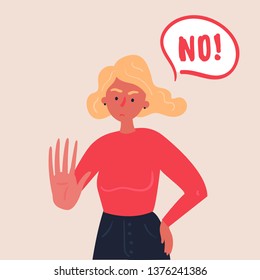 Portrait of blond woman expressing denial NO wtih her hand and in the speech bubble. Stop domestic violence and crime against females. No means no concept, stop here. Vector flat, banners and posters