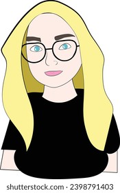 A portrait of a blond woman with long hair and glasses in a black t-shirt