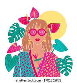 Portrait of a blond woman in the urban jungle. Fashion print. Vector illustration.