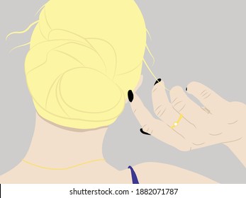 Portrait of a blonde girl. Back view. Grey background. There is a possibility of editing. Vector illustration in flat style. Design for posters, postcards, textiles and more.