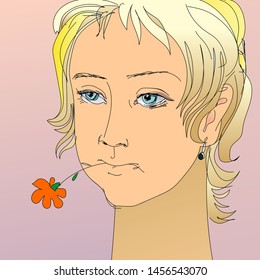 portrait of a blonde girl with a flower in her mouth