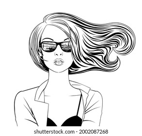 Portrait of a blonde girl in glasses with city reflection and with loose flowing hair. Linear black and white drawing. Vector illustration