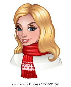 Portrait of blonde girl with red scarf. Isolated on white. Vector illustration