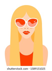 Portrait of a blonde girl in sunglasses with long hair and bright red lips. Glasses reflect waves. Vector illustration.