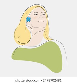 Retrato de mujer rubia con flor azul en el pelo, mirando hacia arriba. Expresión facial tranquila y reflexiva. Abstractas ilustración aislada minimalista con líneas limpias y colores apagados.