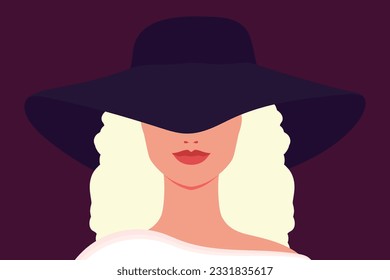 Portrait of a blonde woman in a hat. Abstract elegant woman. Vector illustration