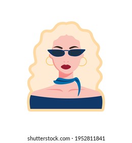 Portrait of a blonde woman in sunglasses. Sticker. Social media avatar. Vector flat illustration in rero colors.