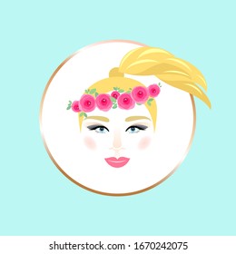 Portrait of a blonde with a wreath on her head. Girl's face in a gold frame on a blue background. Vector trendy illustration.
