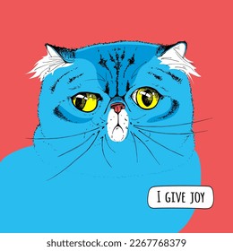 Portrait of the blue sad funny Persian cat on a red background. Gorbe-ye irani. Humor card, t-shirt composition, meme, hand drawn style print. Vector illustration.