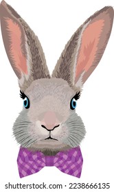 Portrait of a blue-eyed rabbit with a pink checkered butterfly