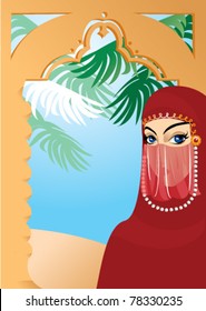 Portrait border with beautiful arabian woman wearing yashmak