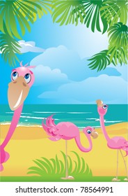 Portrait border with flamingos on beautiful tropical beach