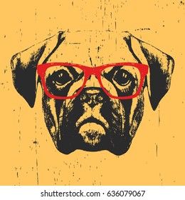 Portrait of Boxer Dog with glasses. Hand-drawn illustration. T-shirt design. Vector