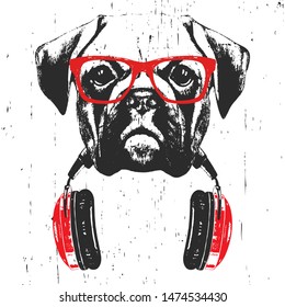 Portrait of Boxer with glasses and headphones. Hand-drawn illustration. T-shirt design. Vector