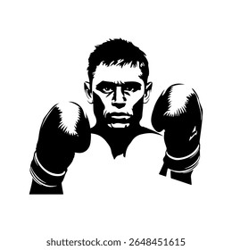 Portrait of a boxer, stern male face and boxing gloves. Vector illustration, contour black and white style