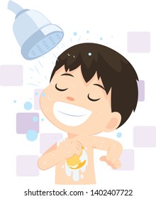 Portrait of boy cartoon take a bath in the bathroom.