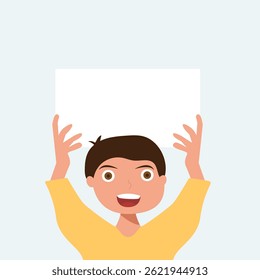 Retrato del niño que sostiene la hoja de papel blanca vacía o que muestra el cartel en blanco de la muestra sobre fondo aislado. Vector e ilustración.