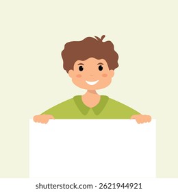portrait of boy child holding empty white paper sheet or showing blank sign poster over isolated background. vector and illustration.