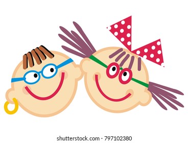 Portrait, boy and girl with eyeglasses, two children, heads, funny vector illustration