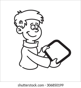 portrait of boy holding a tablet and smiling
