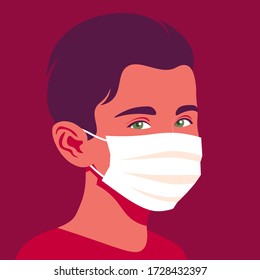 Portrait of a boy with medical mask. The face of a child. Avatar of a schoolgirl. Vector flat illustration