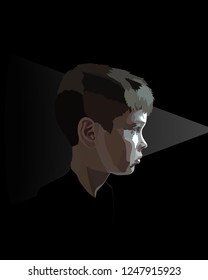 Portrait of a boy in profile on a black background. Portrait of a teenager in dark colors on the background of the light source on the right. Portrait of a child in the style of vector realism.