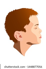 Portrait of a boy in profile with red hair and pink skin.